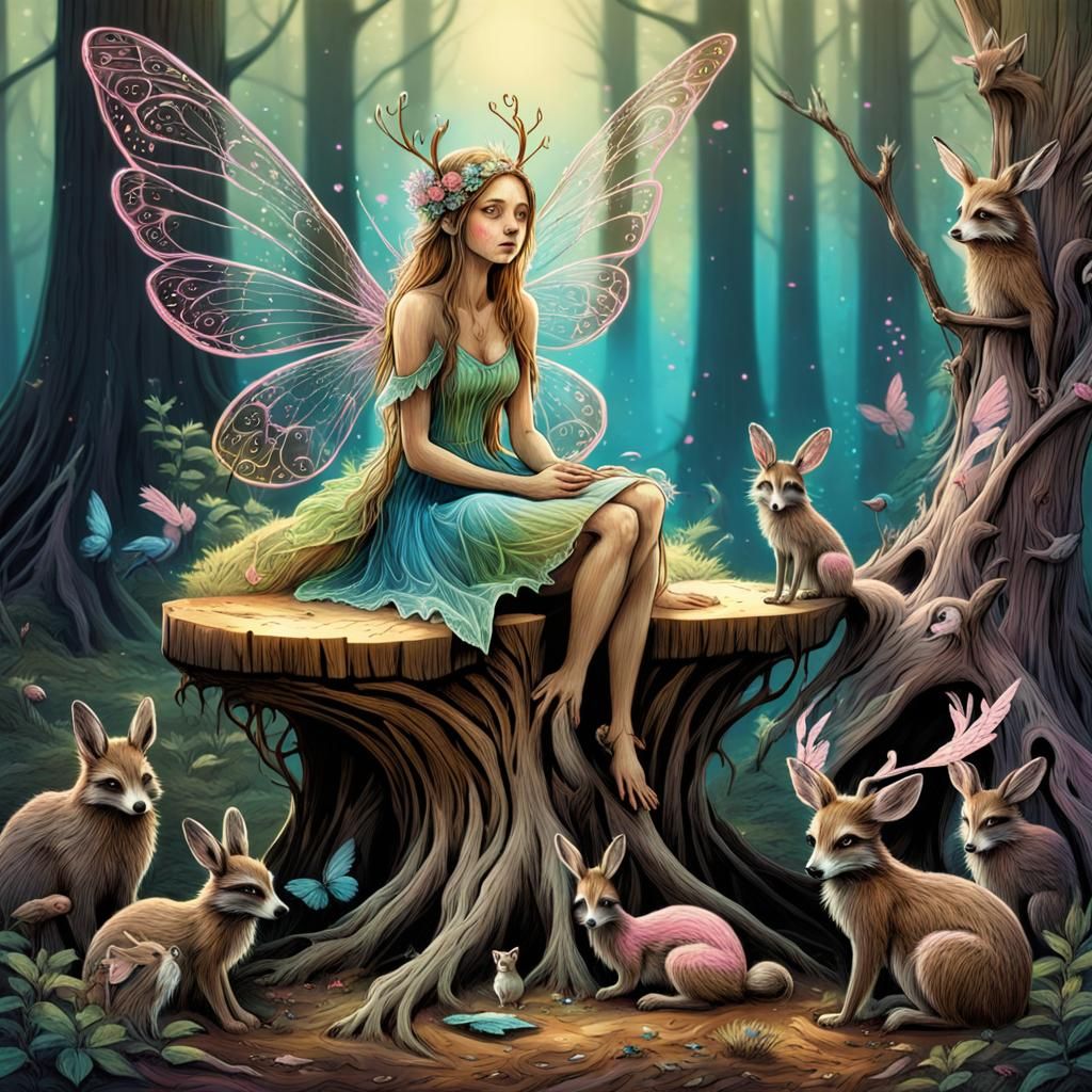 Sad Fairy in Enchanted Forest: Surrealist Art