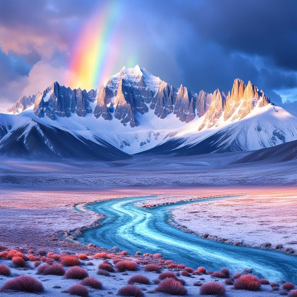 Epic Ice Castle on Snowy Mountain with Rainbows