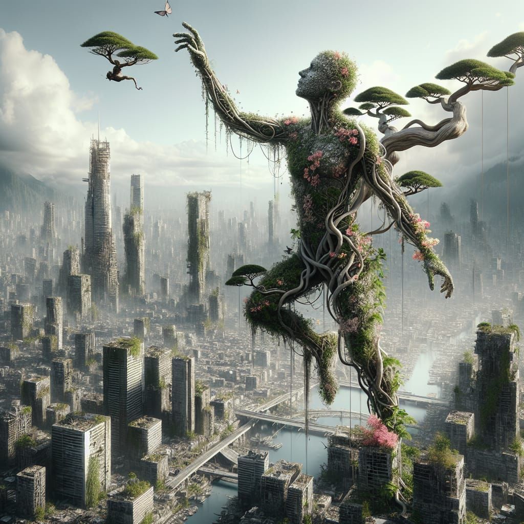 Andromorphic Bonsai Figure Soaring Over Post-Apocalyptic Cit...