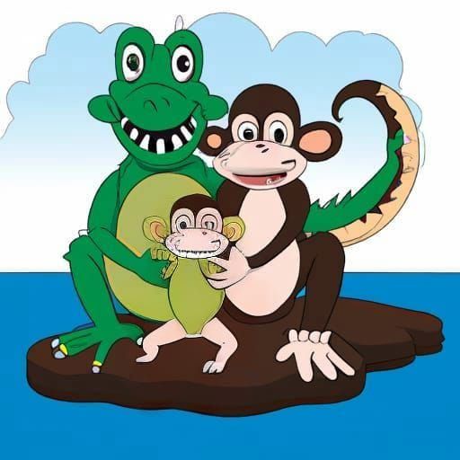 Cartoon Monkey Crocodile Family Portrait