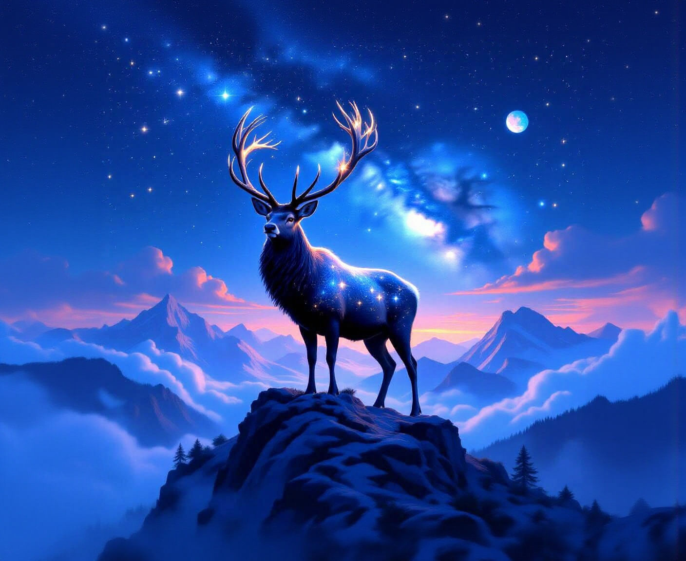 Cosmic Stag on Misty Peak: Fantasy Concept Art