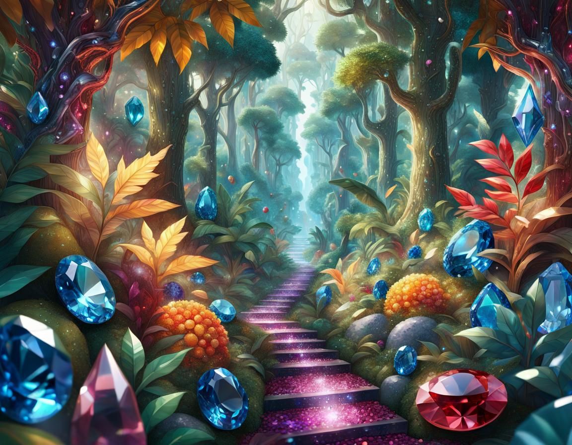 Sparkling Gemstone Forest in Vibrant Digital Art