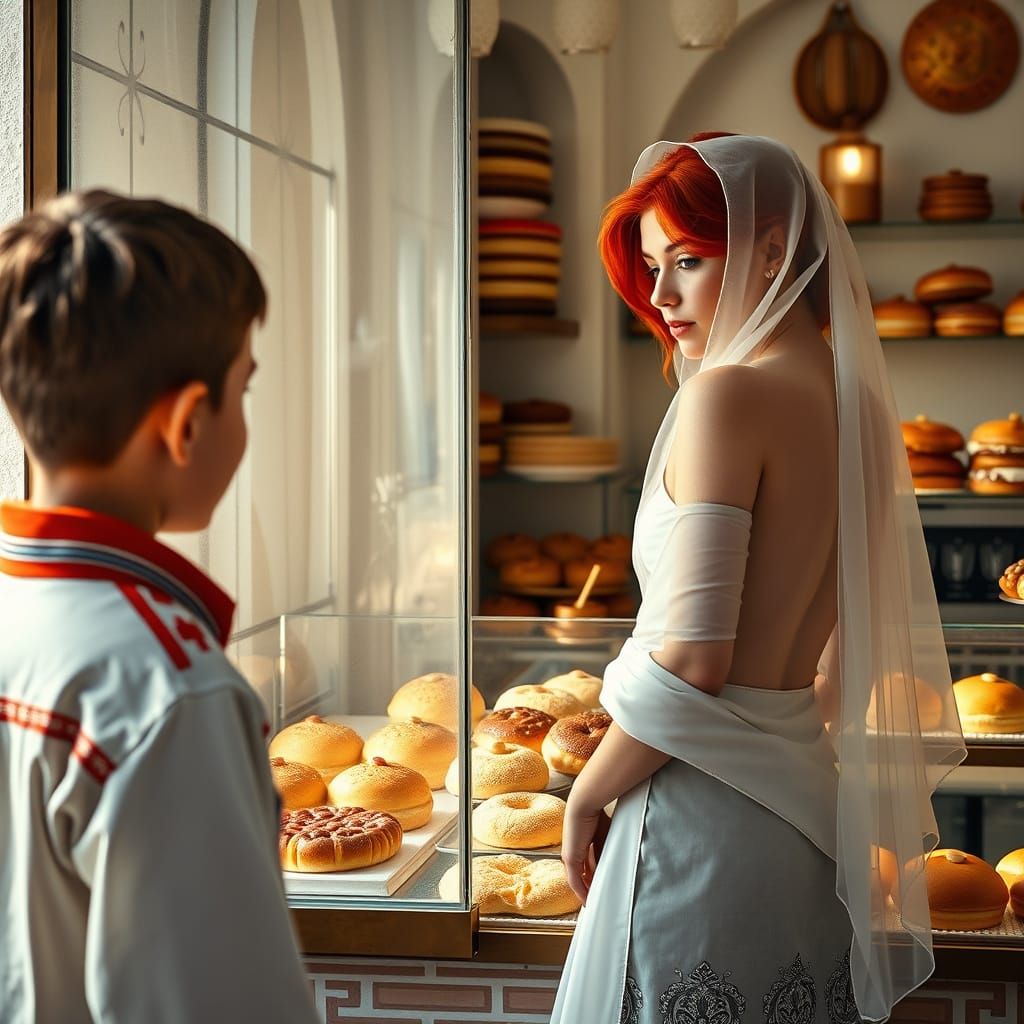 Moroccan Boy and Redhead Pin-Up in Souk