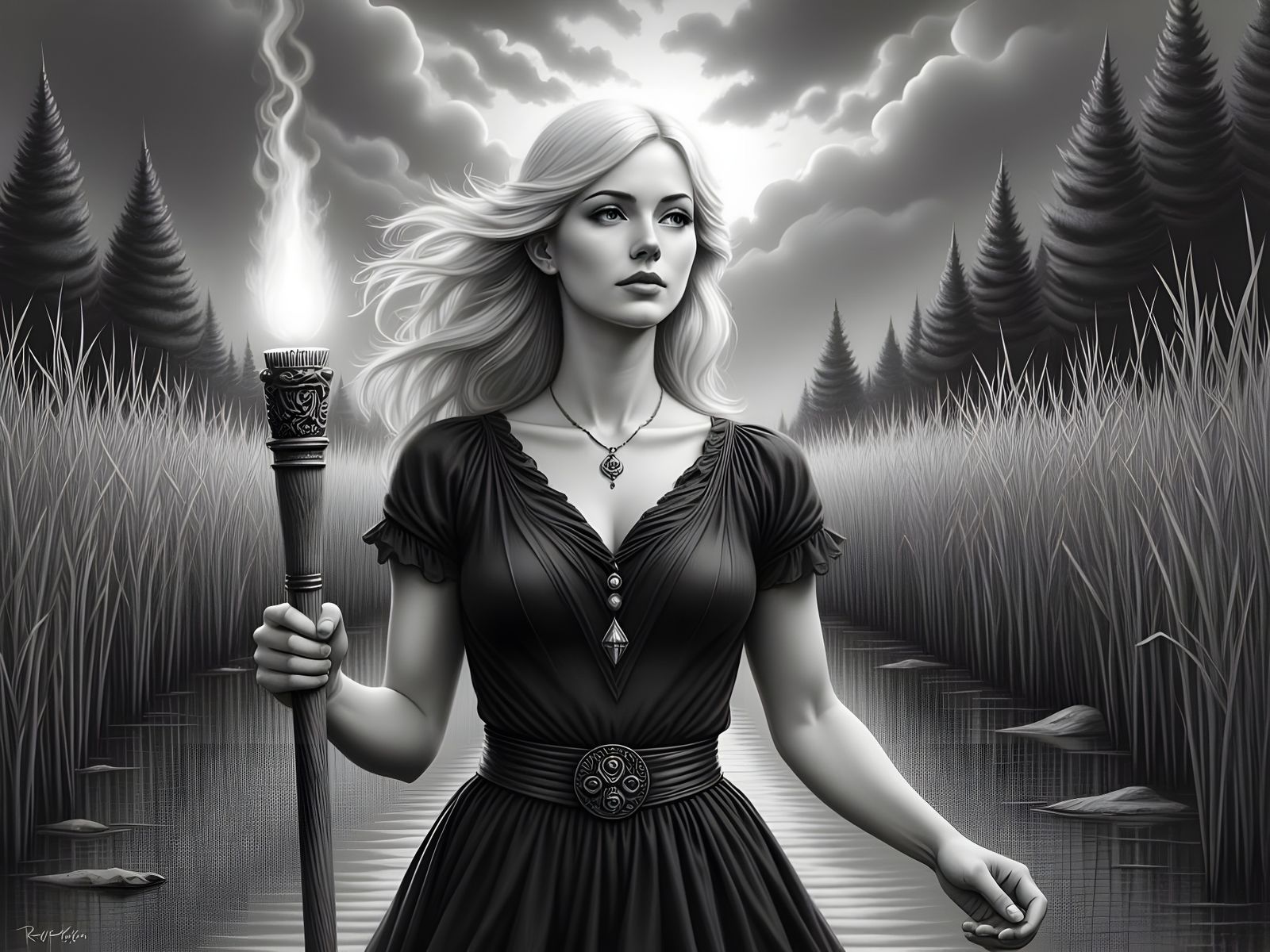 A Norse Goddess in Eerie Pencil Sketch