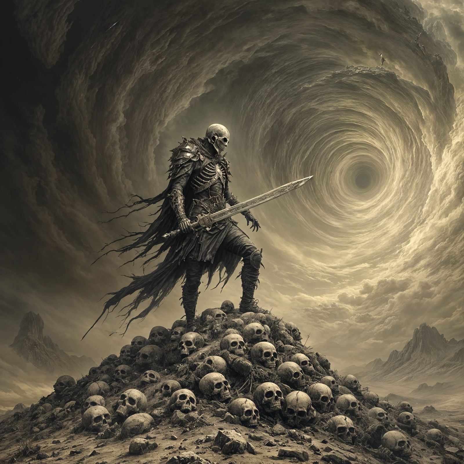 Skeleton Warrior on Mountain of Skulls in Doré Style