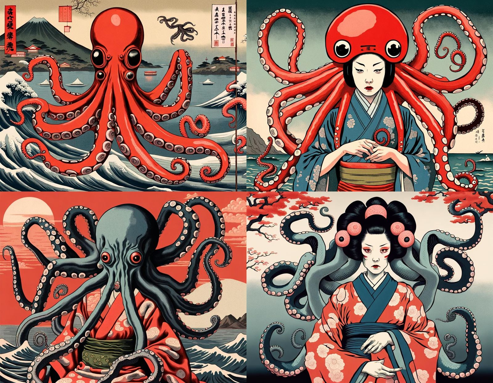 Surreal Ukiyo-e Octopus Geisha in Ladybird Book Style