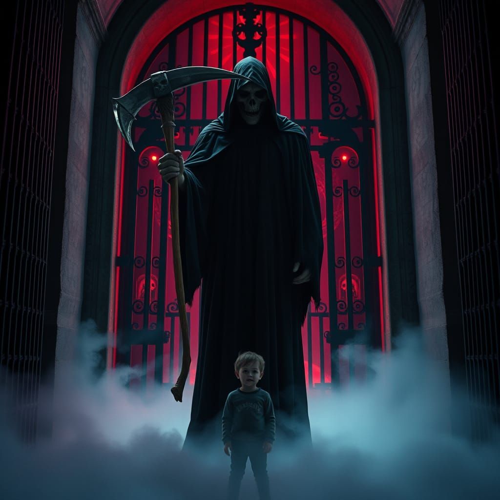 Epic Grim Reaper Confronts Boy in Hellscape