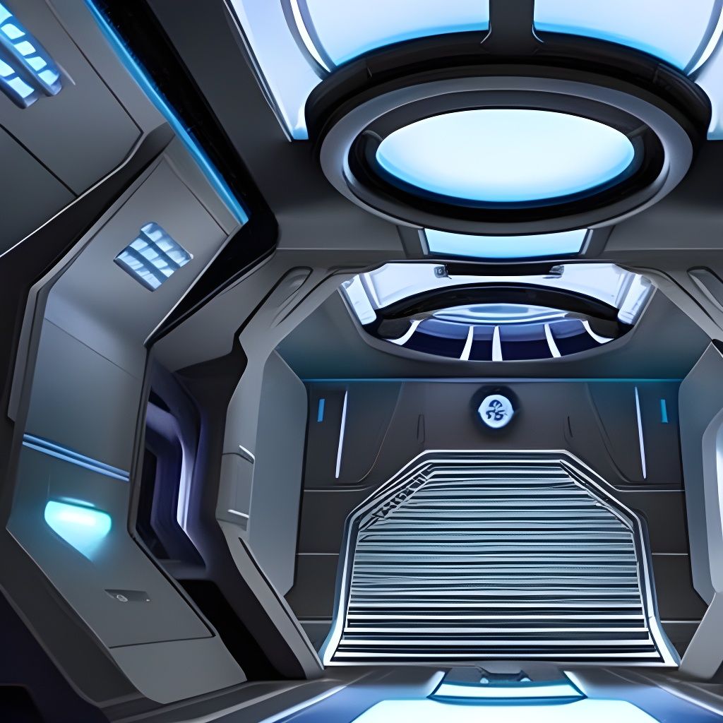 Design a futuristic spaceship interior, with advanced technology and strange alien creatures moving about on their daily...