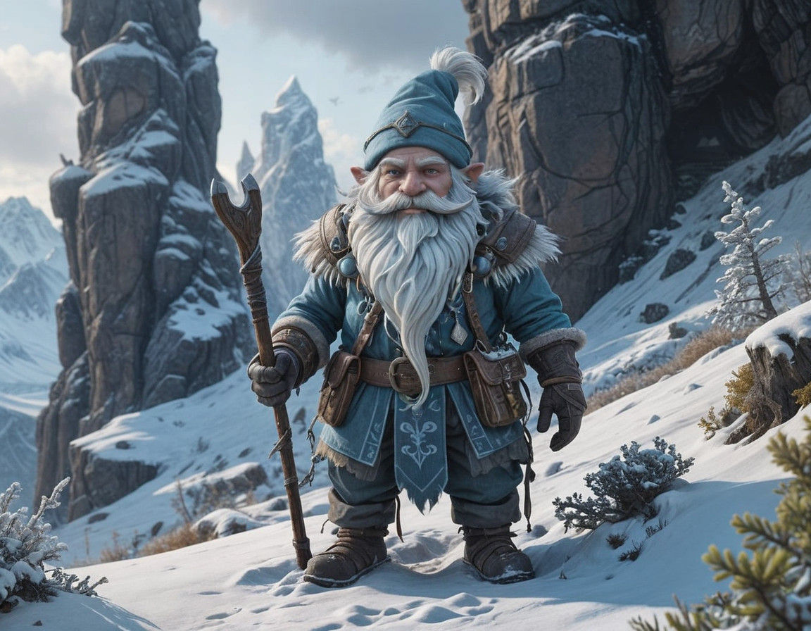 Majestic Winter Gnome on Snowy Peaks