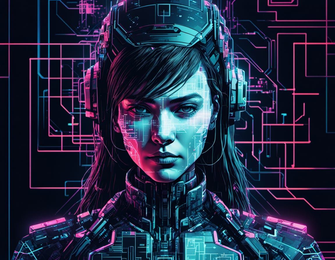 Cyborg Glitch Portrait in Cyberpunk Blueprint Style