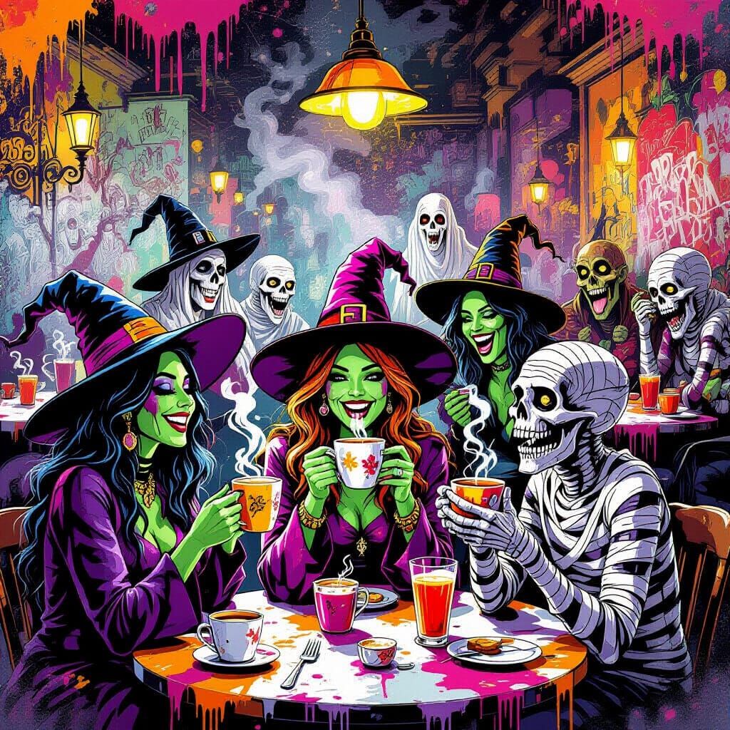 Supernatural Cafe Scene in Graffiti Art Style