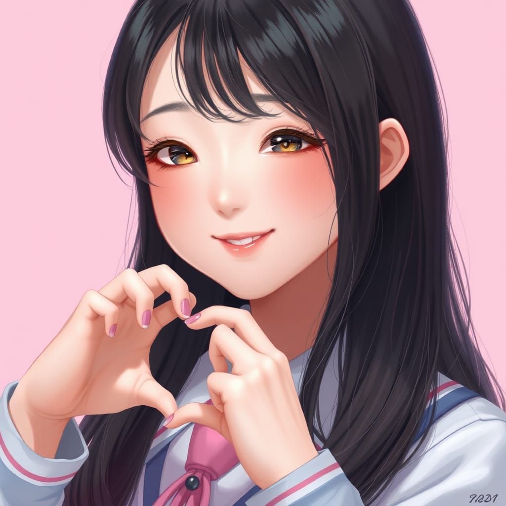 Sweet Korean Girl with Heart Hands, Fantasy Art