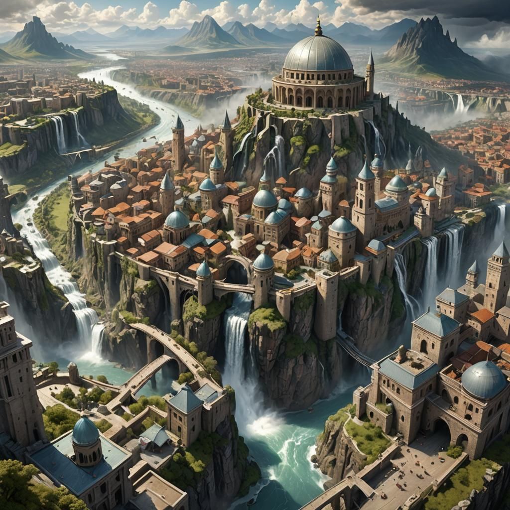 Hyperrealistic Fantasy Cityscape with Bridges and Rivers