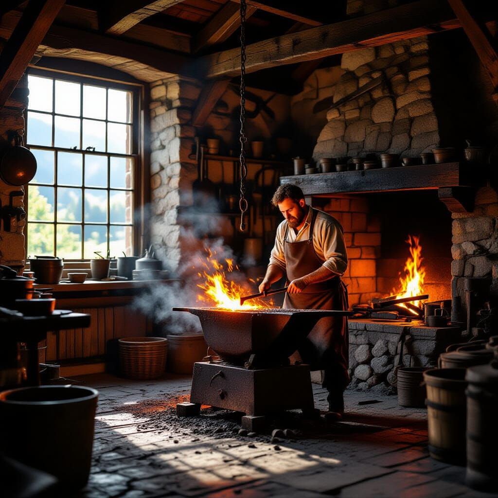 Cozy Blacksmith's Forge in Rustic Village, Photorealistic St...