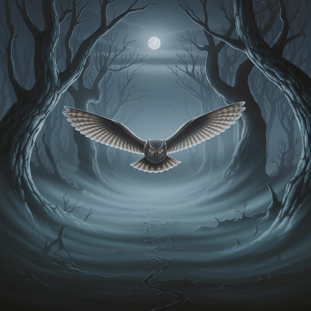 Spectral Owl Glides Through Misty Forest