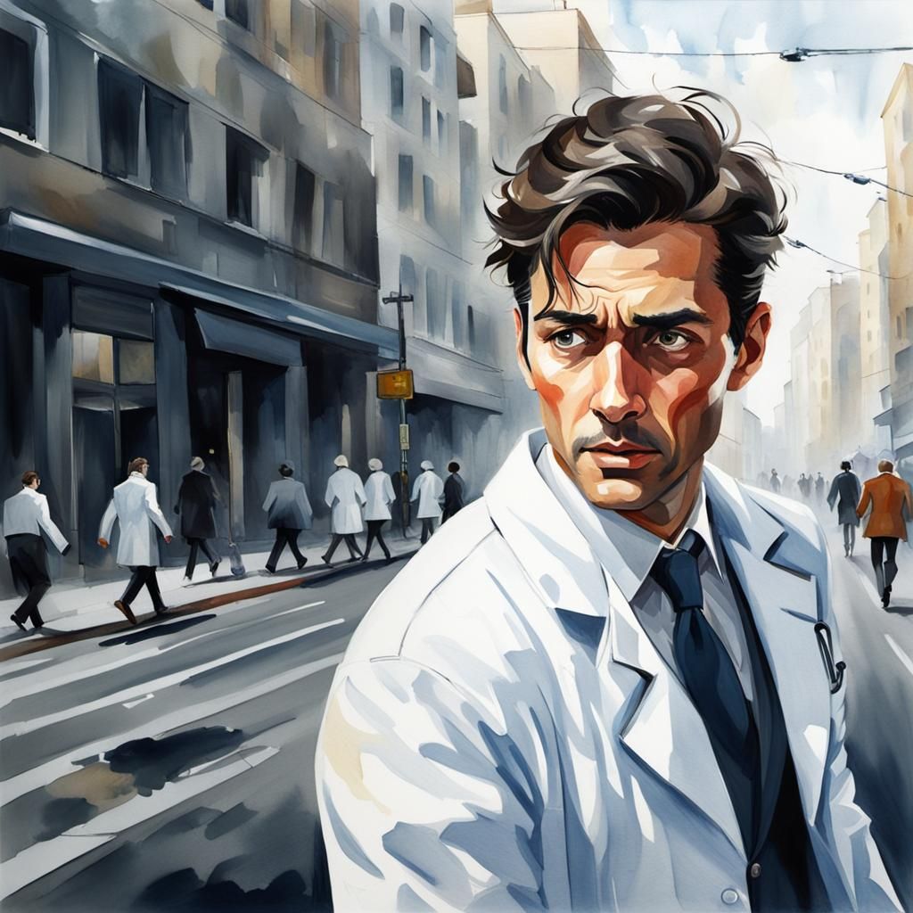 Close up remarkable young male doctor, running in his white coat down the street to save someone's life action painting,...