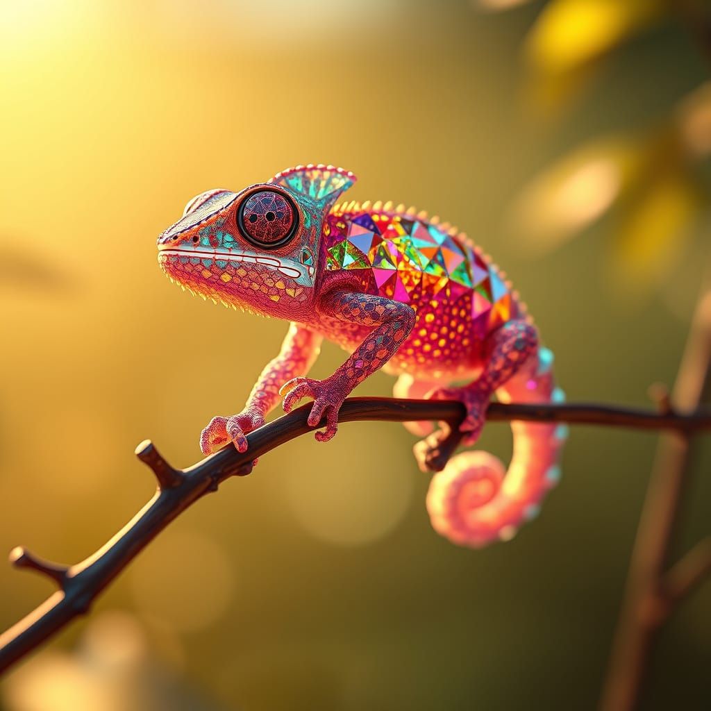 An adorable crystaline chameleon on tree's branch.