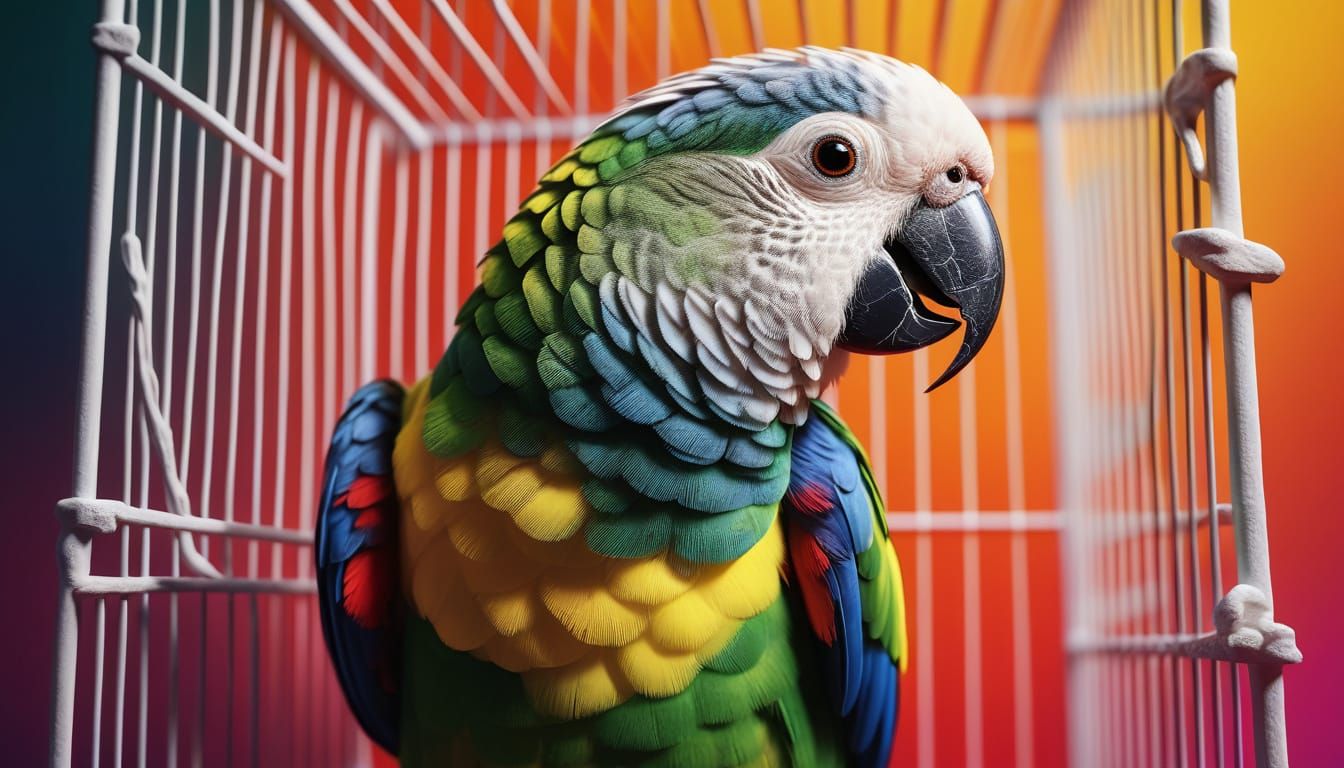 Vibrant White-Capped Parrot in Cage as Splash Art