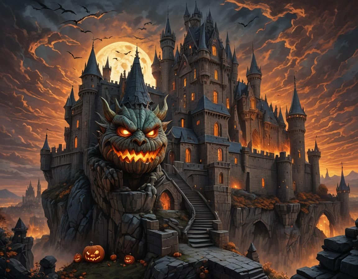 Halloween Pumpkin Dragonhead Guards Spooky Castle