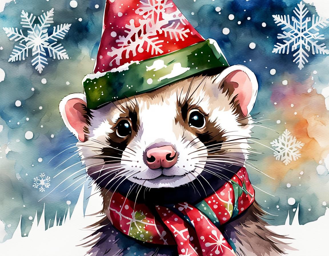 Festive Ferret Christmas in Watercolor Style