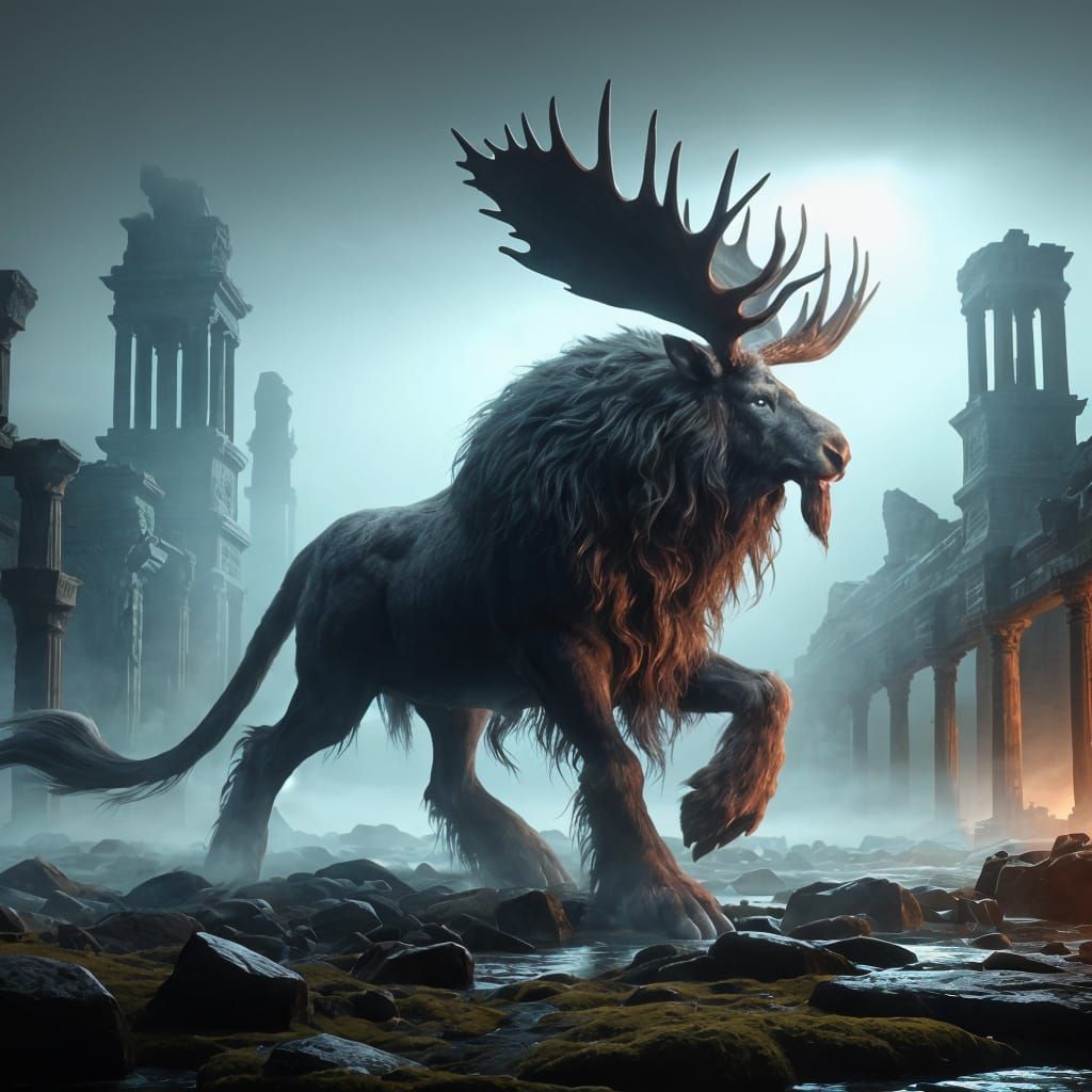 Majestic Hybrid Creature in Ancient Ruins