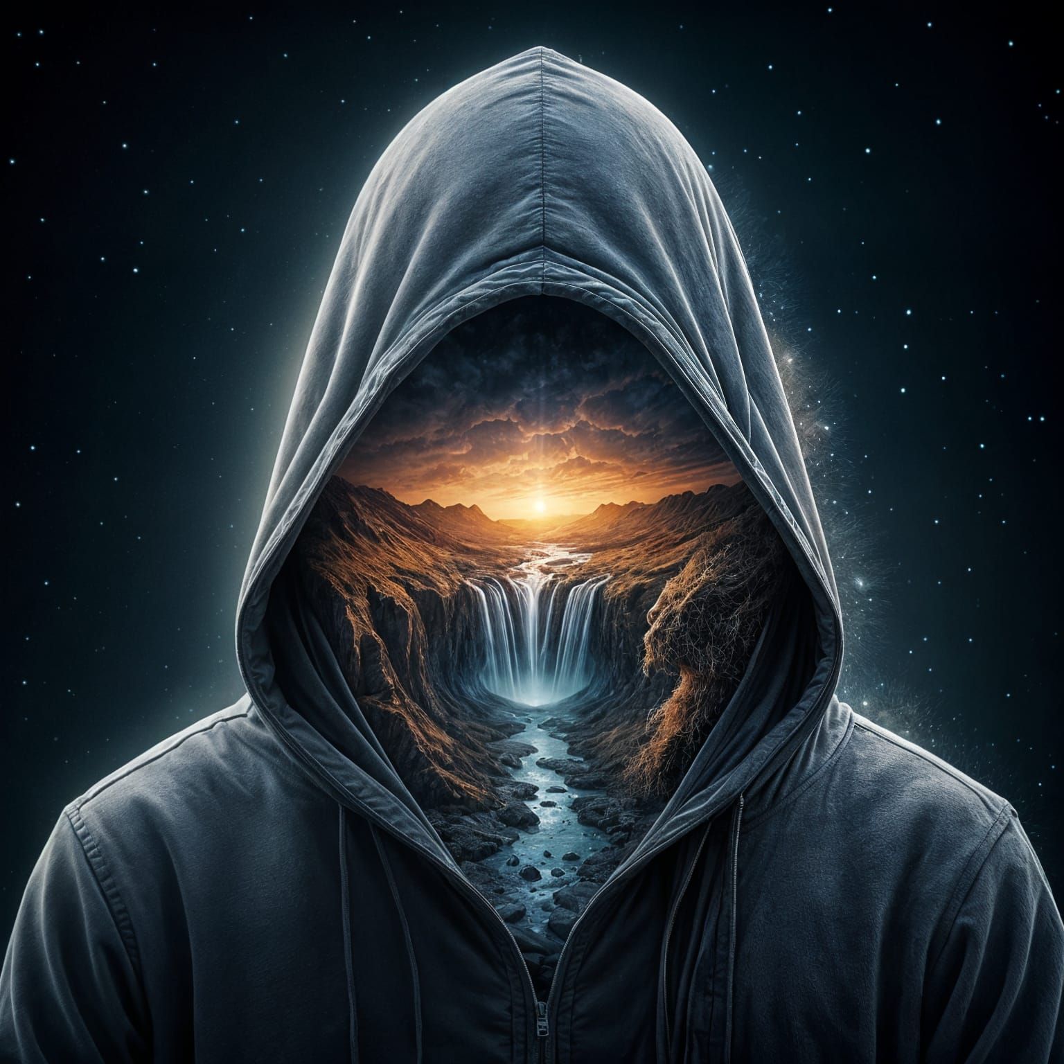 Hooded Figure Reveals Ethereal Landscape