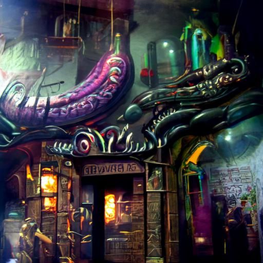eldritch tavern in a dark alley with tentacle creatures and fish people 8K 3D beautiful colourful detailed painting hype...