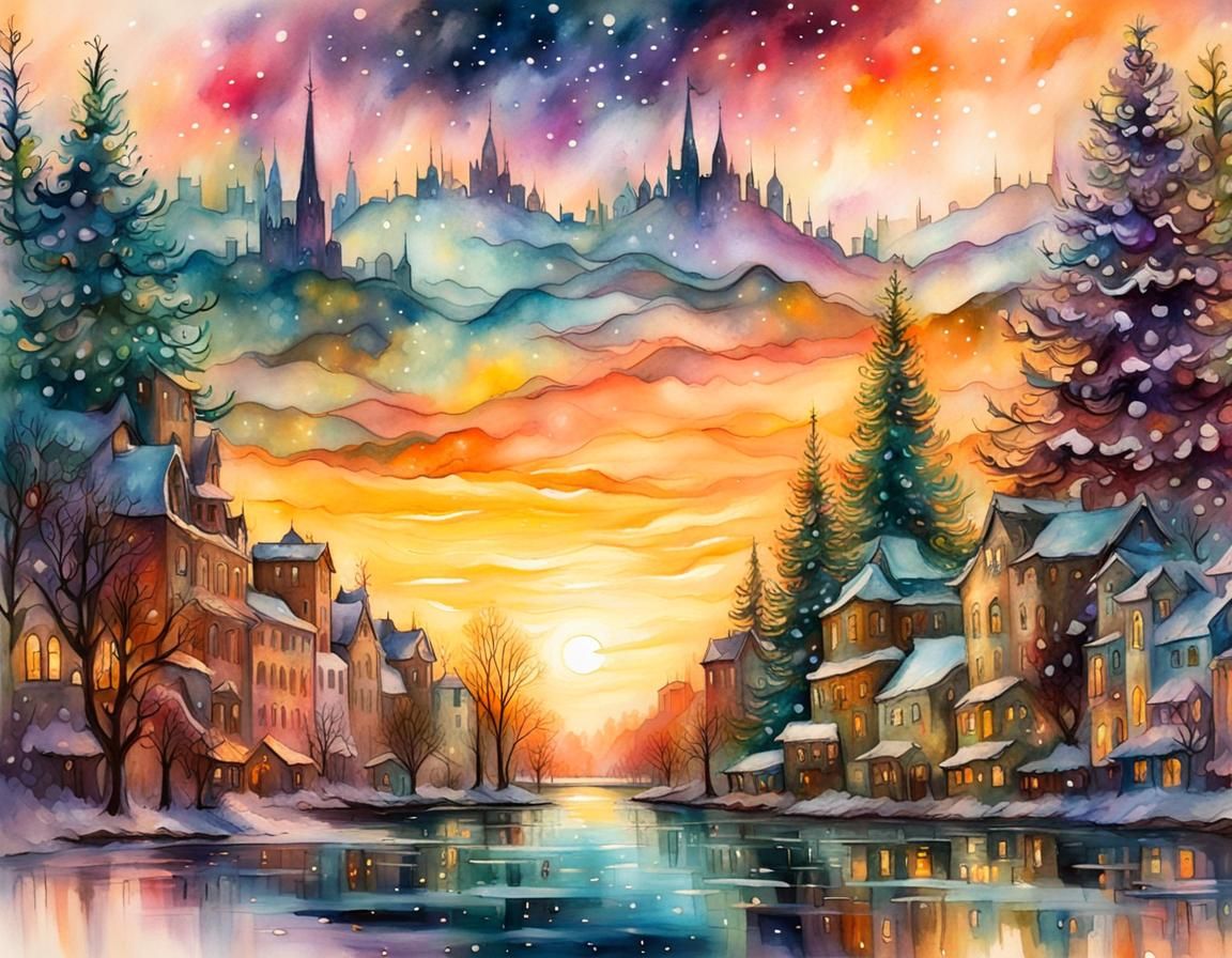 Christmas Tree Silhouette in Watercolor Style