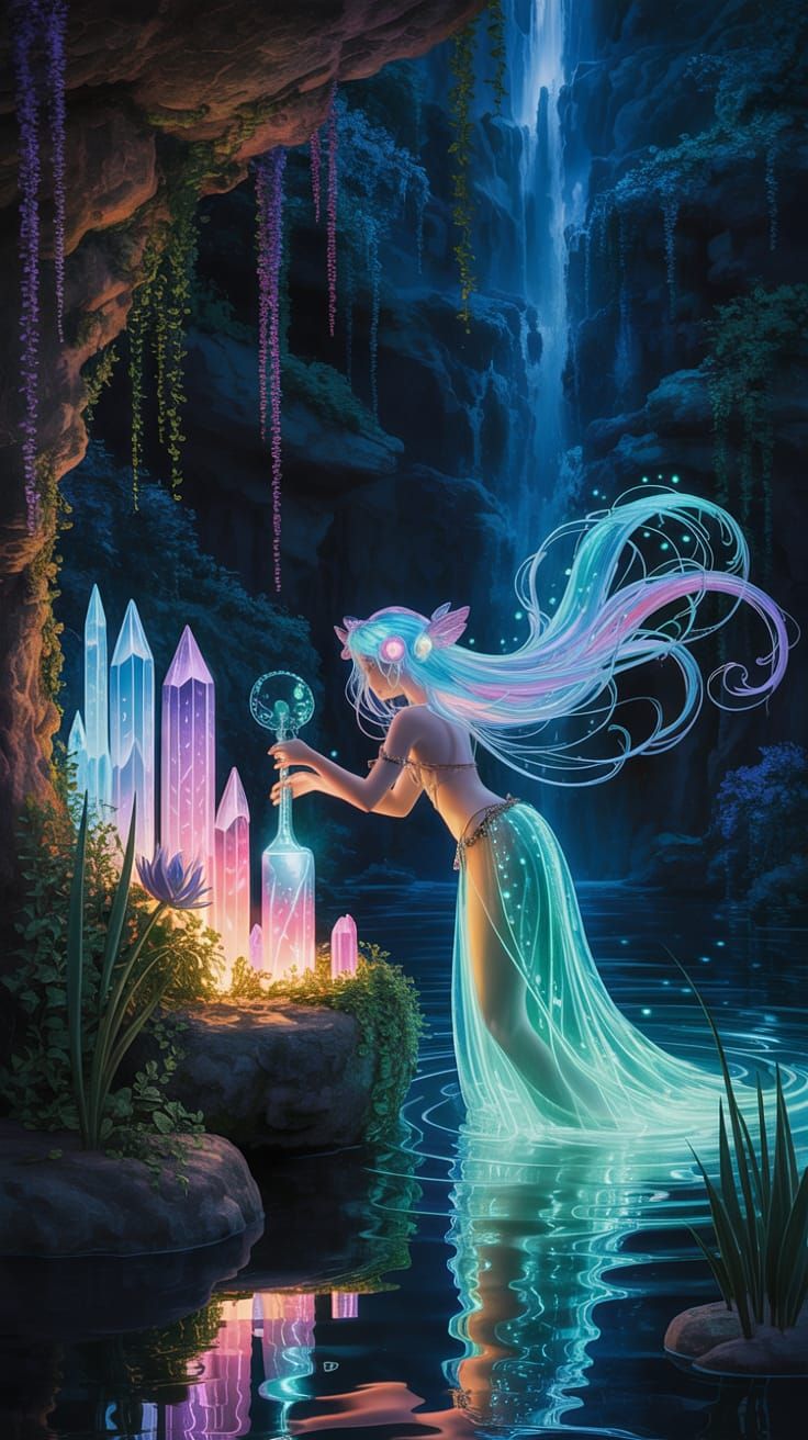 Bioluminescent Grotto: Art Nouveau Water Nymph