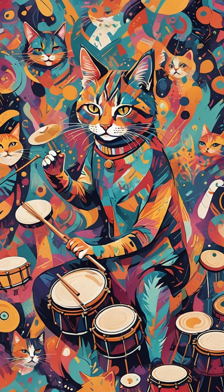 Colorful Cat Girl Plays Percussion: Collage Art