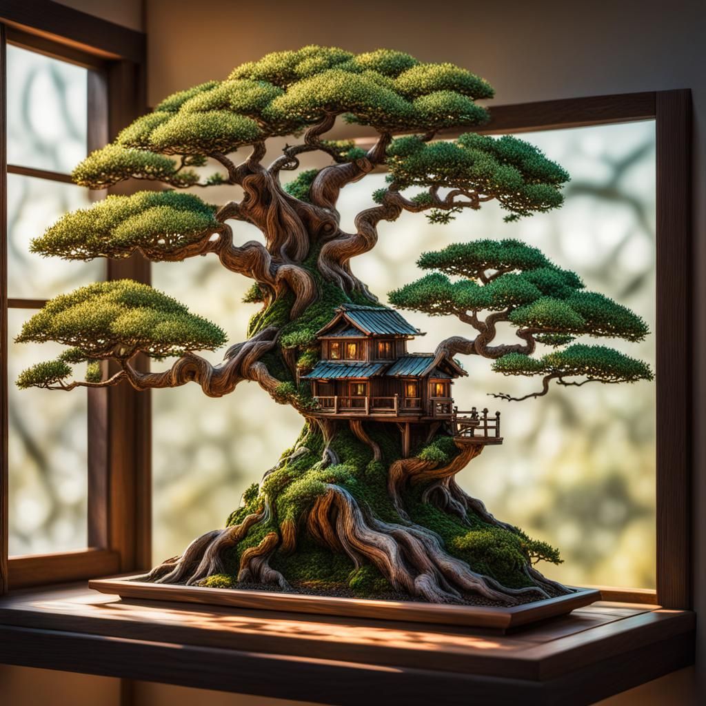 Miniature Treehouse in Twin Bonsai Trees: Hyperrealistic Art