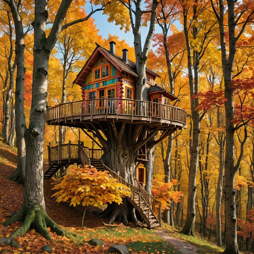 Colorful Treehouse in Autumn Beech Tree