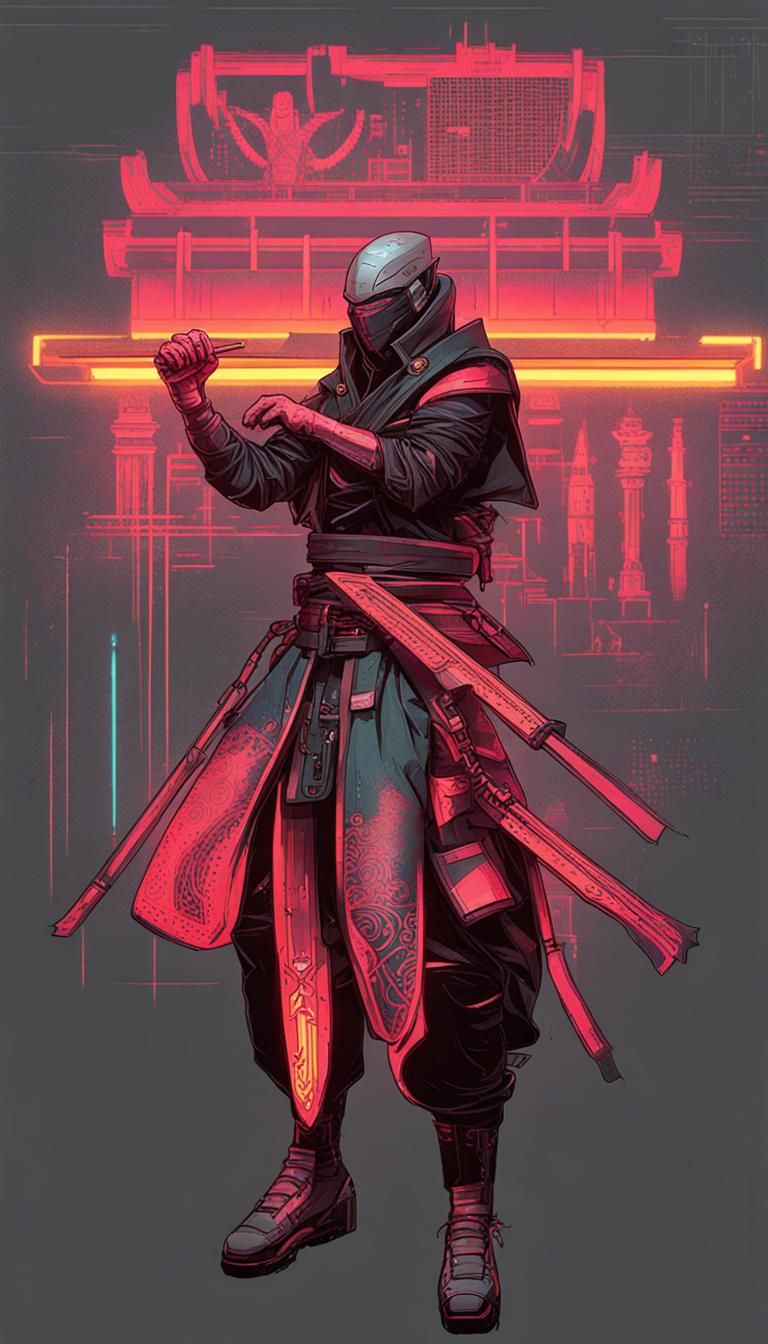 Cyberpunk Elf Samurai in Neon Cityscape