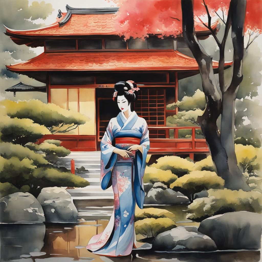 Geisha in Japanese Garden Watercolor Painting