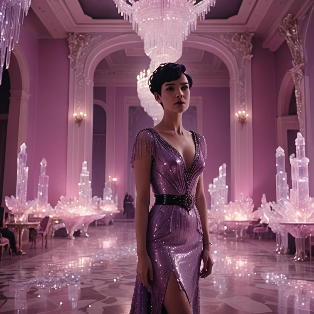 Woman in Crystal Dress in Lavish Ballroom