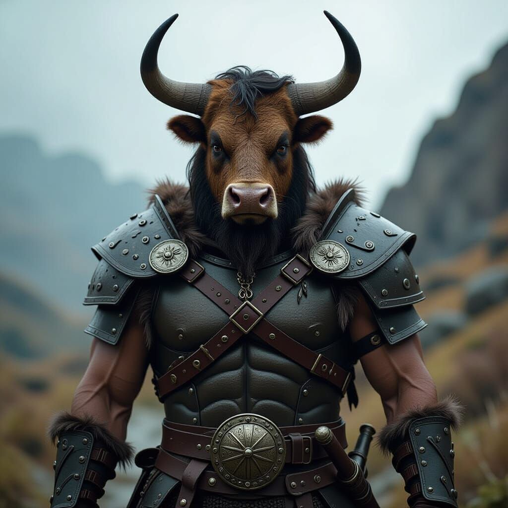 Minotaur in Barbarian Armor, Low-Angle Fantasy Photo