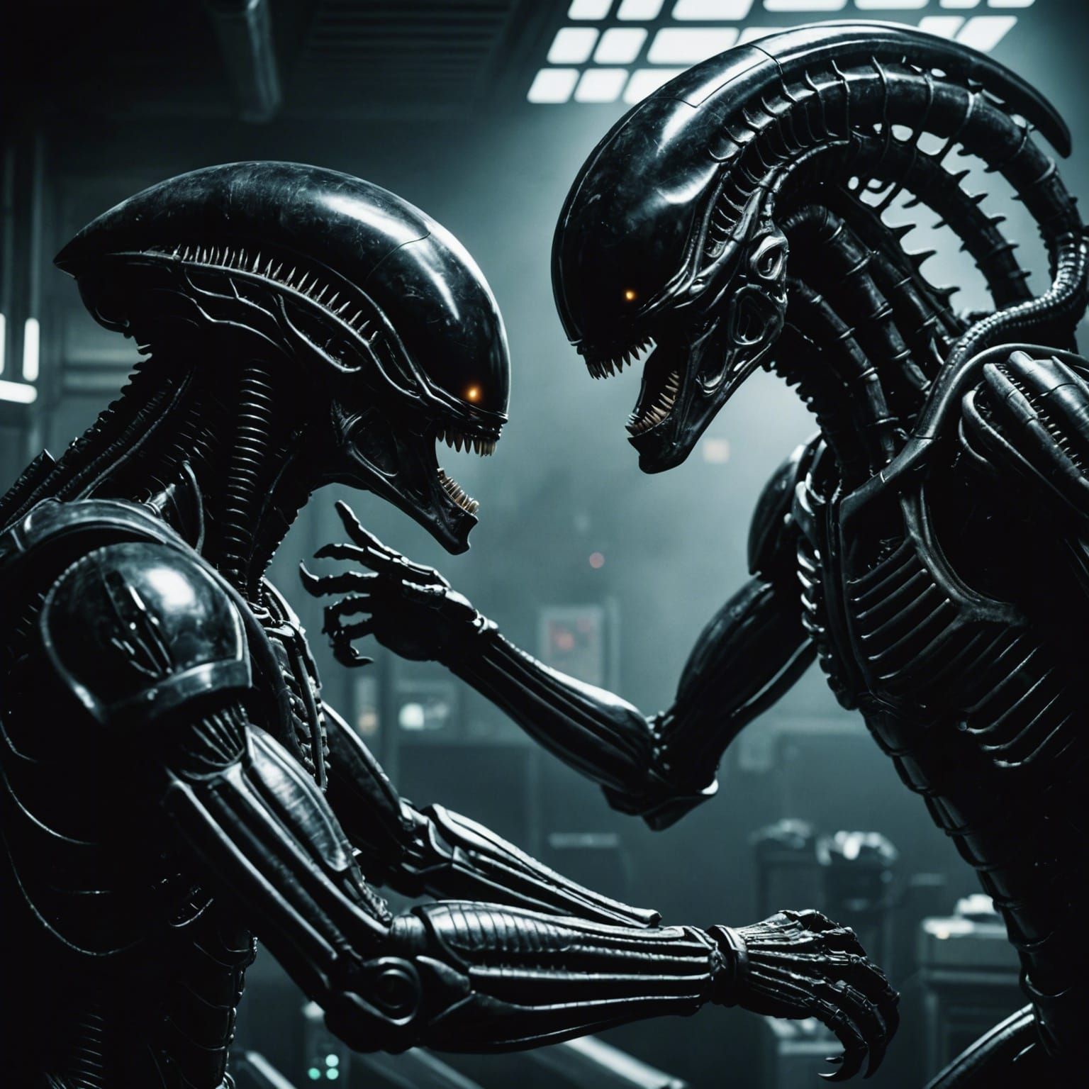 Two Xenomorphs Celebrate in Cinematic Film Still
