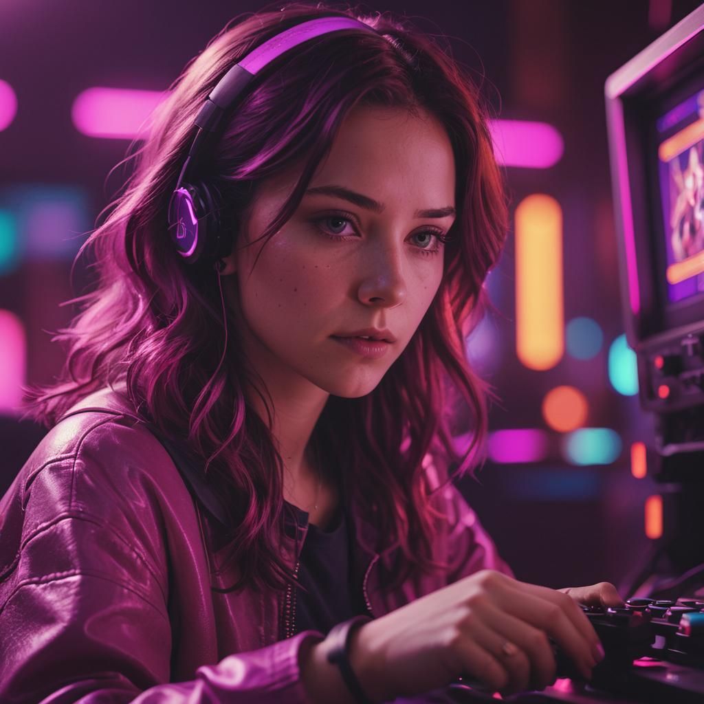 Intense Gamer in Neon-Lit Cinematic Still