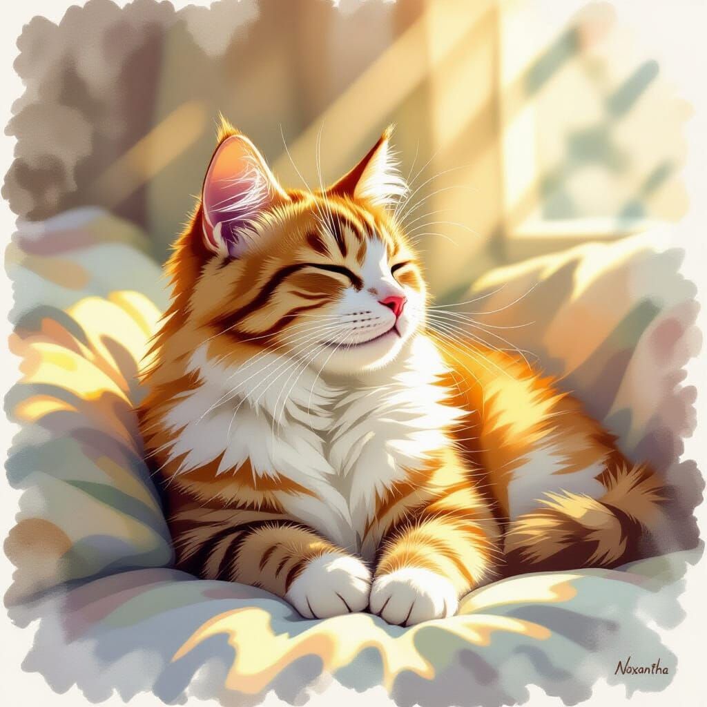Cat Enjoying Sunlight in Watercolor Style