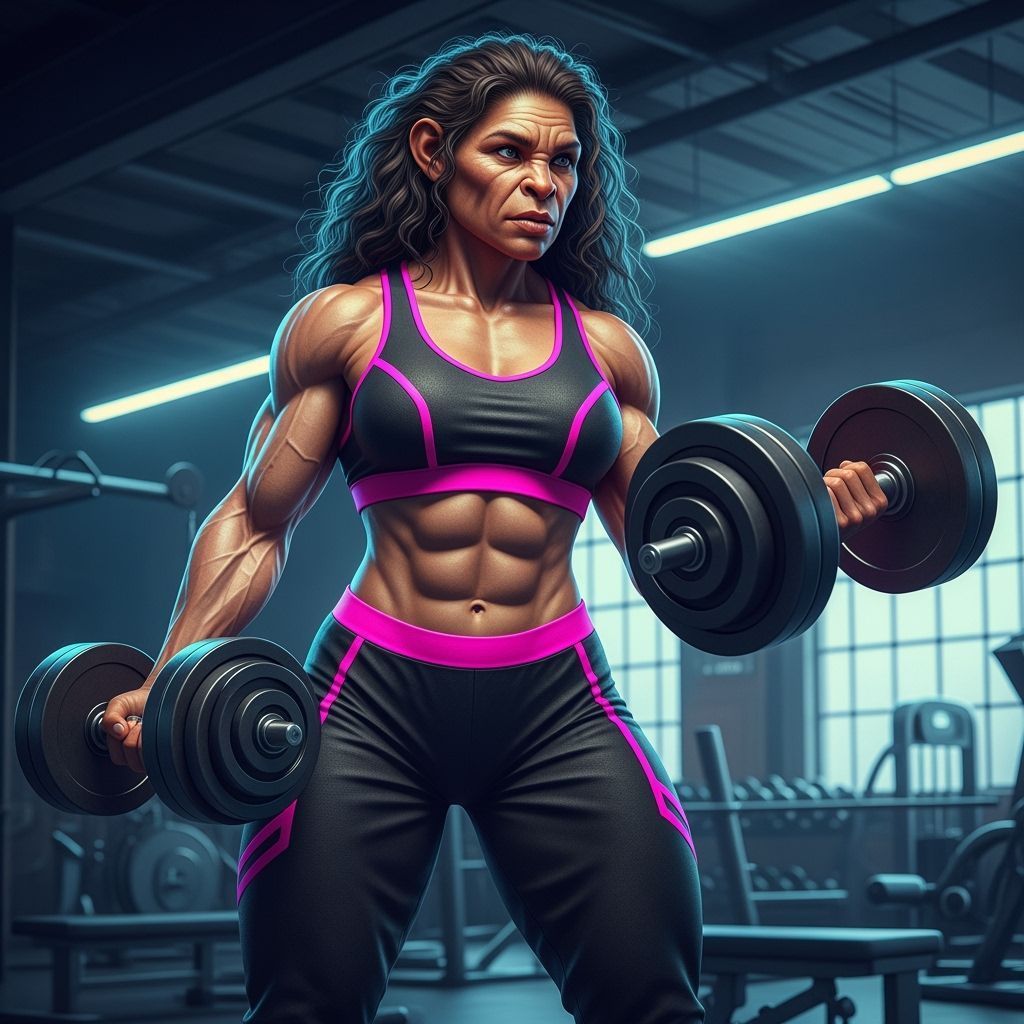 Neanderthal Woman Working Out in Gym: Vibrant Art