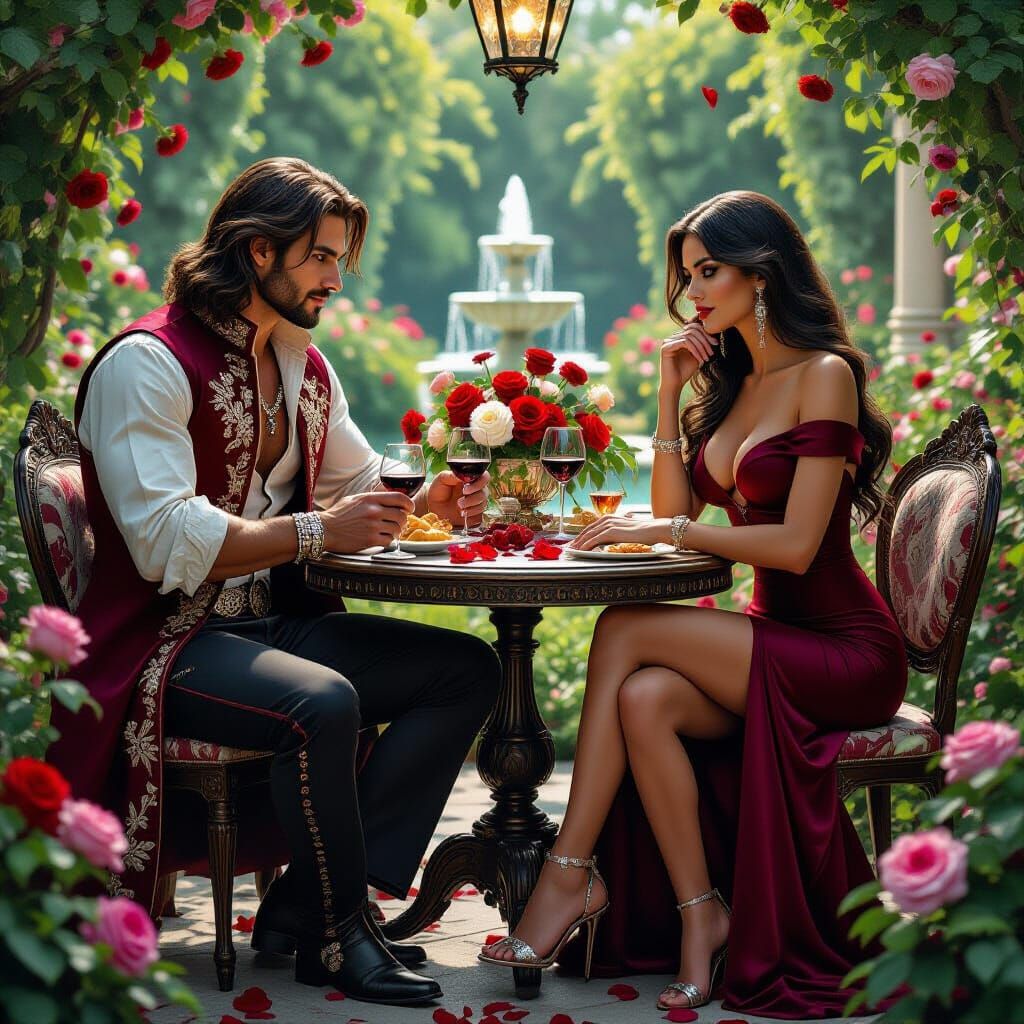 Seductive Man and Woman in Lush Garden, Hyperrealistic