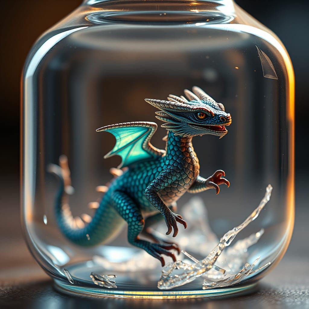 A little dragon inside a glass bottle