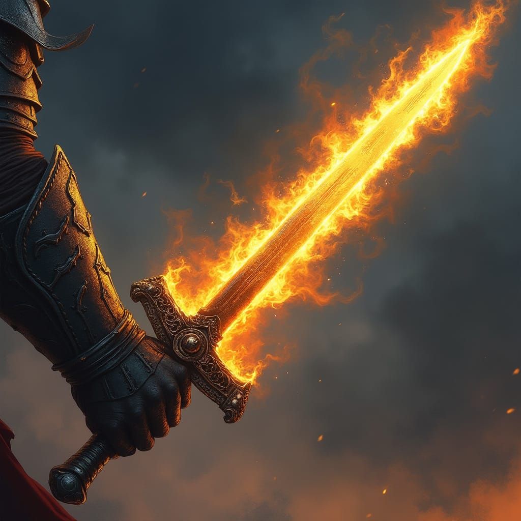 Warrior's Gauntlet Holds Flaming Sword Amidst Darkened Skies