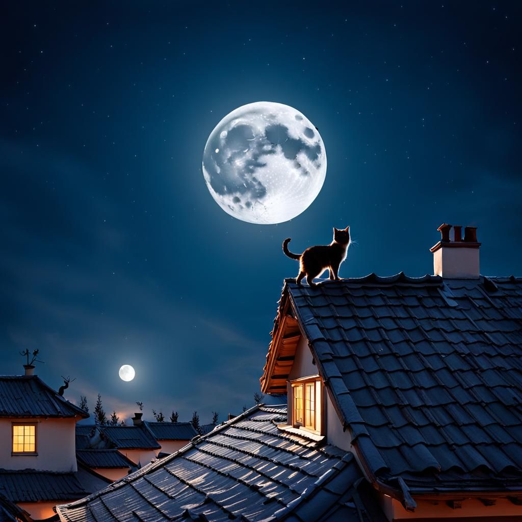 Cat on Roof Under Full Moon Night
