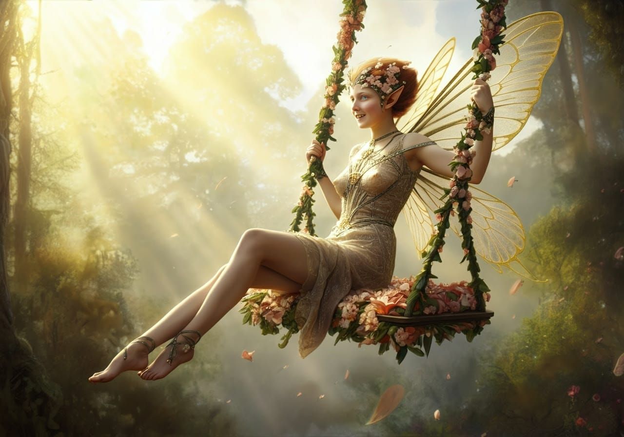 Fairy on Flower Swing in Sunlit Forest