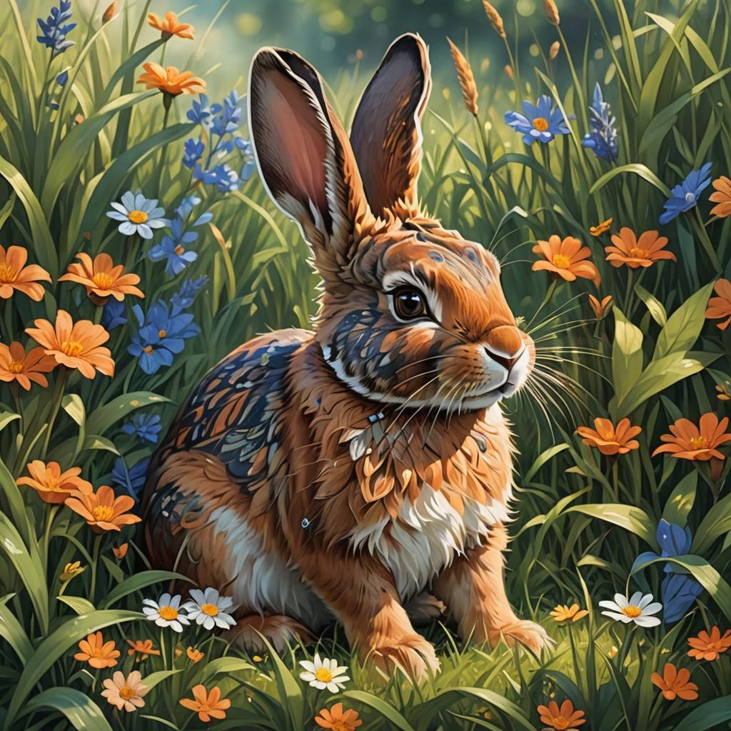 Cute Bunny in Grassy Field: Fantasy Art