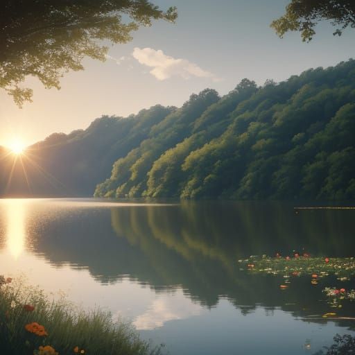 Serene Summer Lake Scene in Cinematic Style