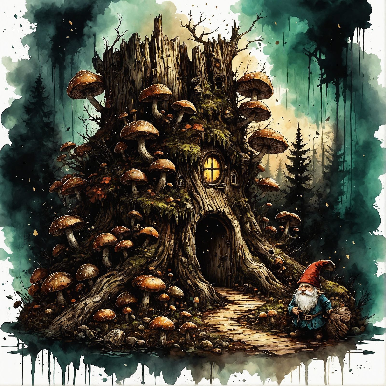 Gnome's Home: Ancient Stump in Forest, Ink Art
