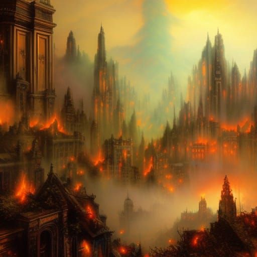 Scary Monsters Destroying City in Ethereal Fantasy