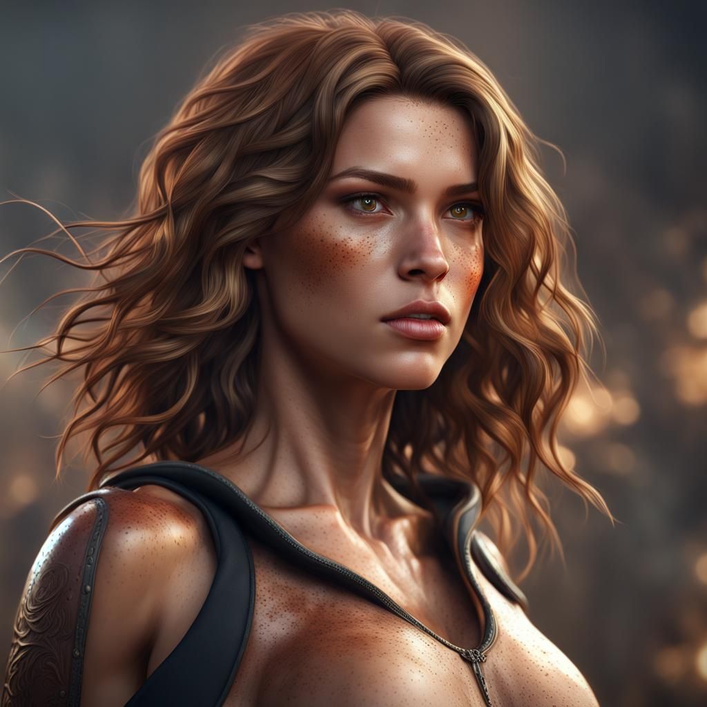 Powerful Freckled Woman in Detailed Matte Painting